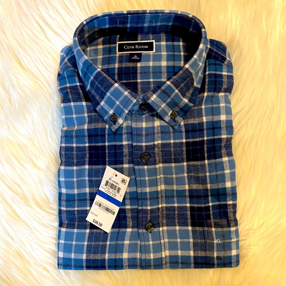 🆕NEW-MEN’S CLUB ROOM BY MACY’S FLANNEL BLUE AND WHITE PLAID BUTTON DOWN SHIRT. - Picture 4 of 15